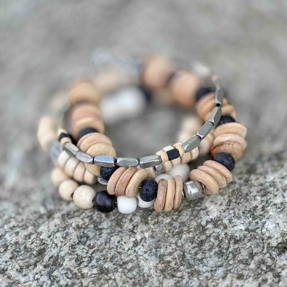 Handmade wood and metal unisex bracelet stack - Picture 5 of 10